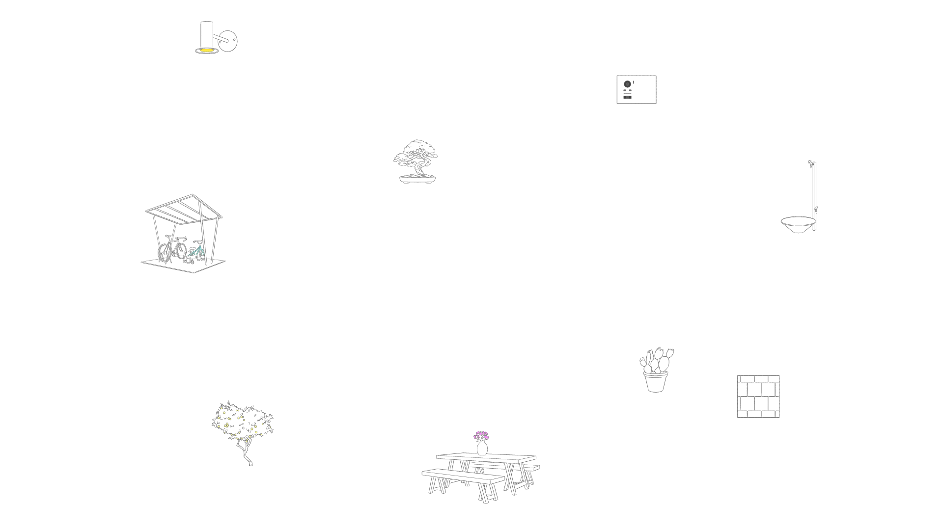 自転車置き場や植栽・立水栓など外構まわりのイメージイラスト
