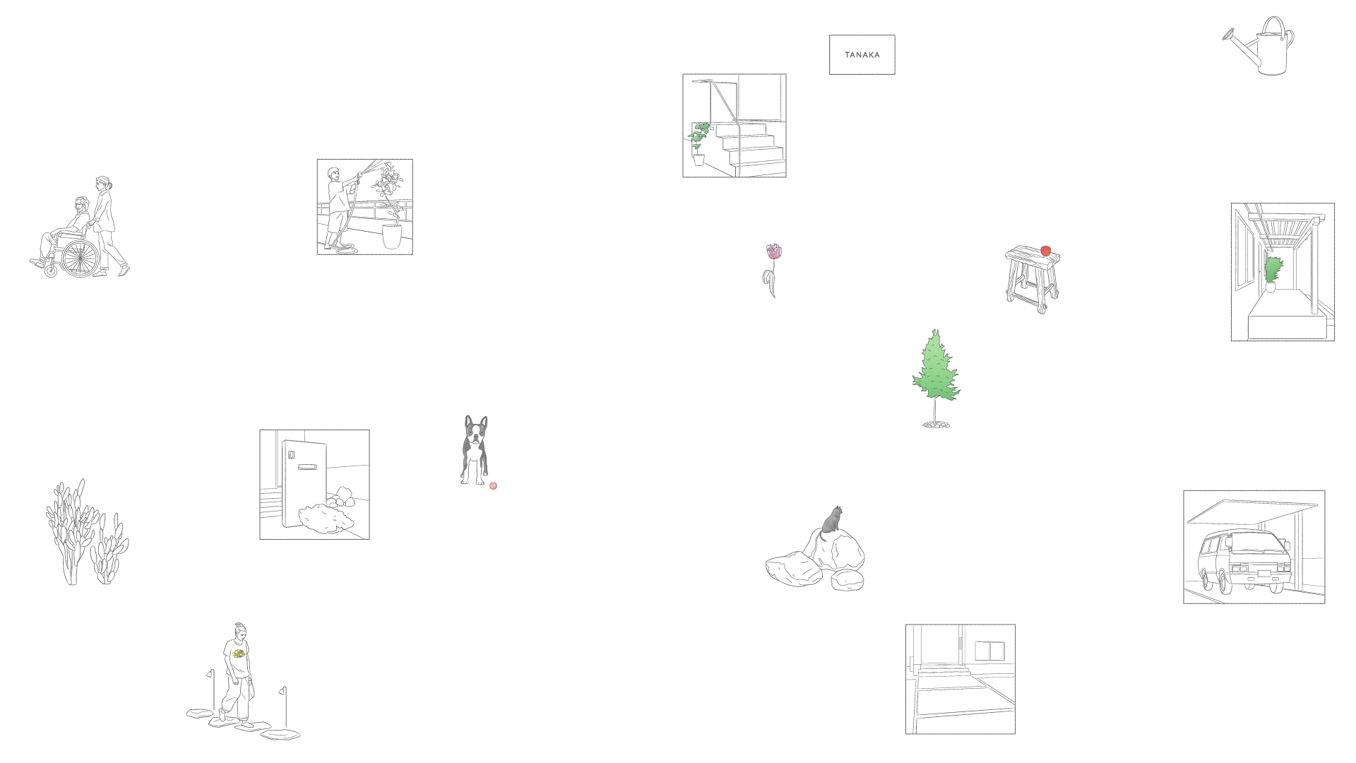 スロープや植栽・ペットなど暮らしと外構のシーンを描いたイラスト