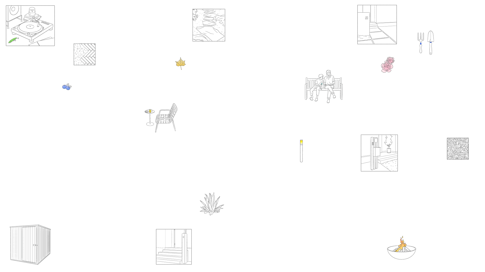 テラスの椅子や植栽・焚き火など庭空間のイメージイラスト